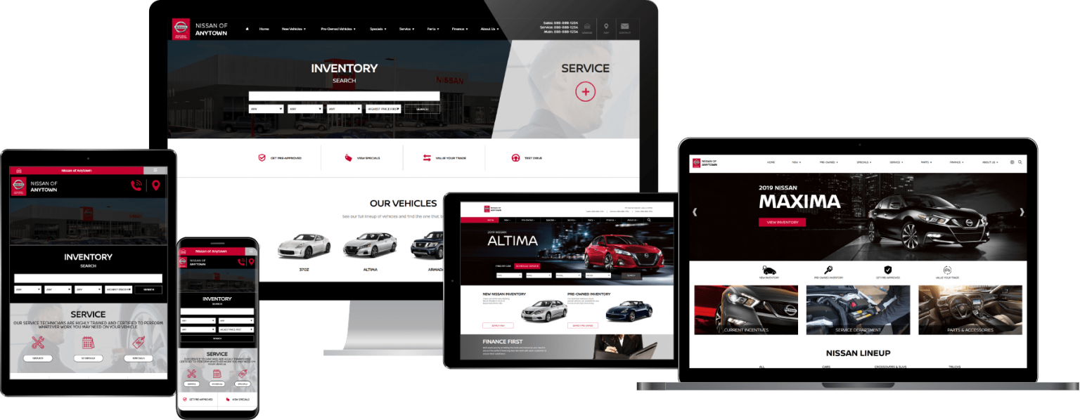 Nissan dealer website displayed on various device screens
