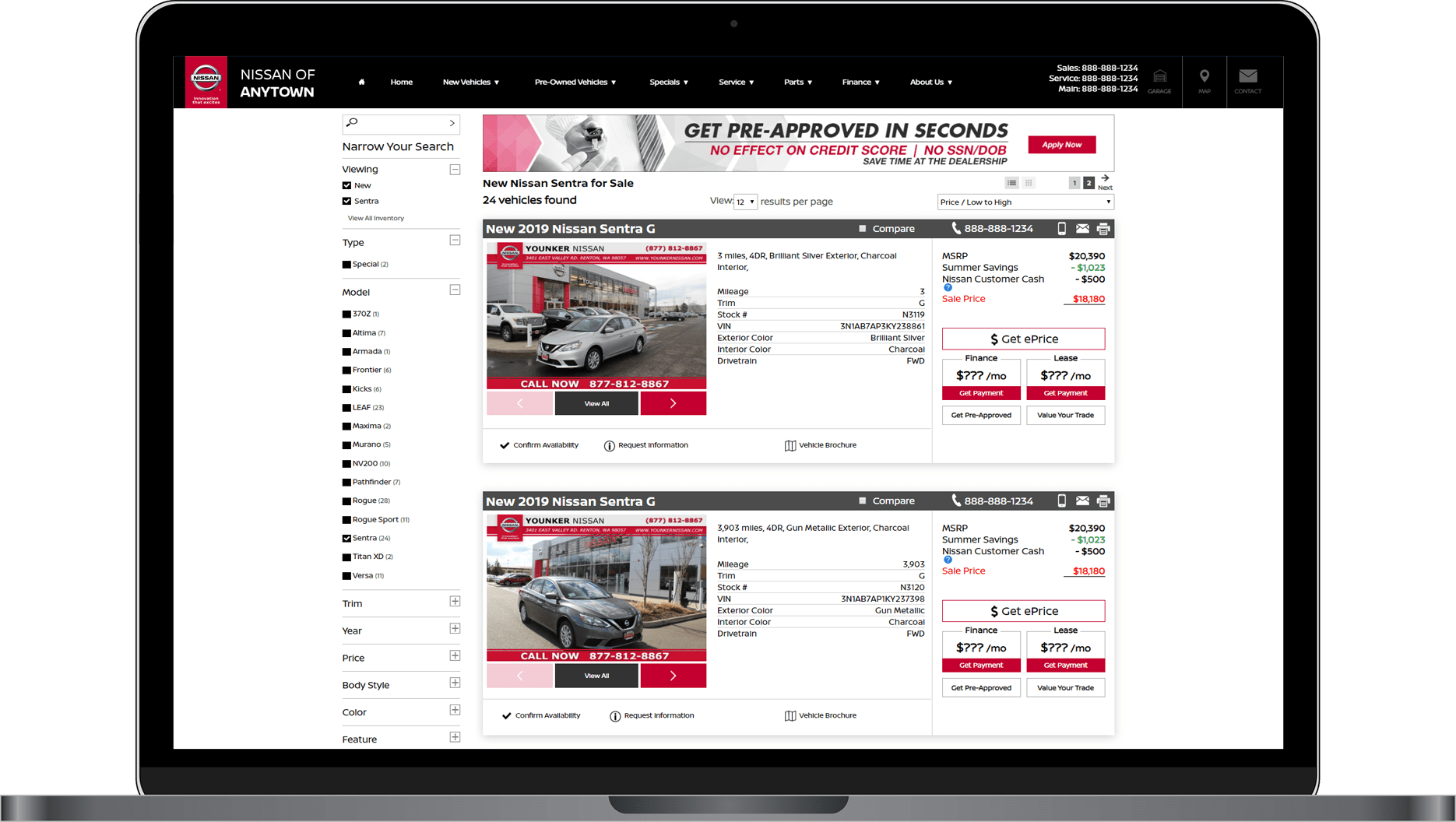 Nissan website SRP list view
